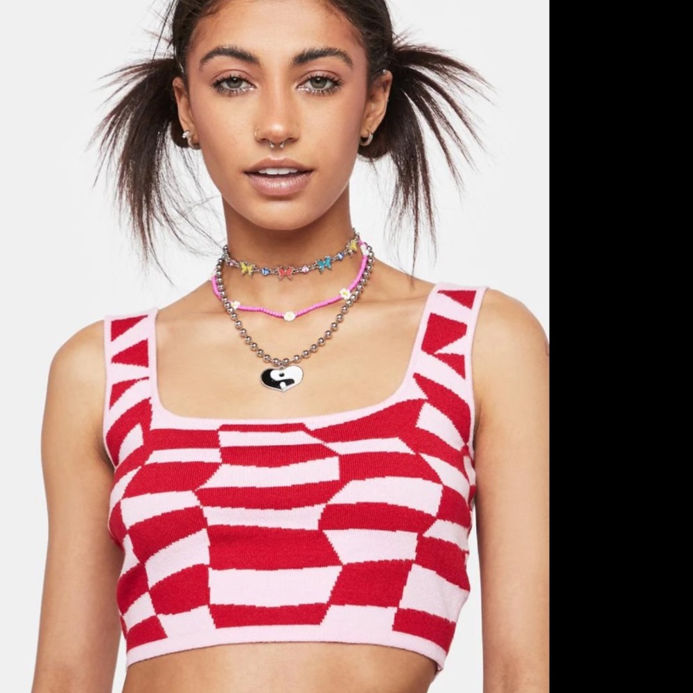 Pretty Garbage Small Red Pink Geometric Sweater Crop Tank Top